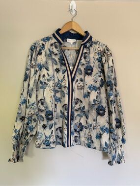 NEW entro Cotton Long Sleeve Blue Floral Print Striped Banded Collar Blouse Sz L